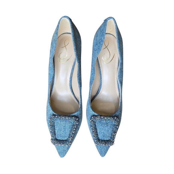 Sam Edelman Womens Harriett Scalloped Beaded Pointed Toe Denim Heels Size 9.5 - Picture 2 of 12